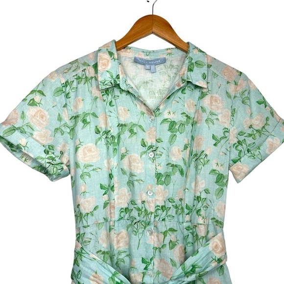Hill House Lily Midi Floral Linen Dress Sz Small Blue Roses Belted Button Up - Picture 4 of 7
